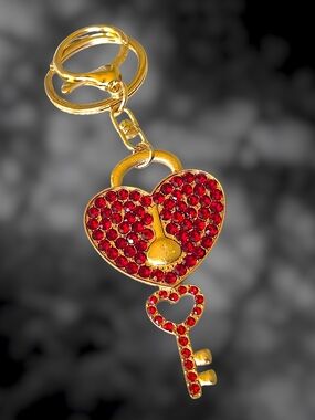 Gold & Red Crystal Heart Key Bag Charm / Keychain